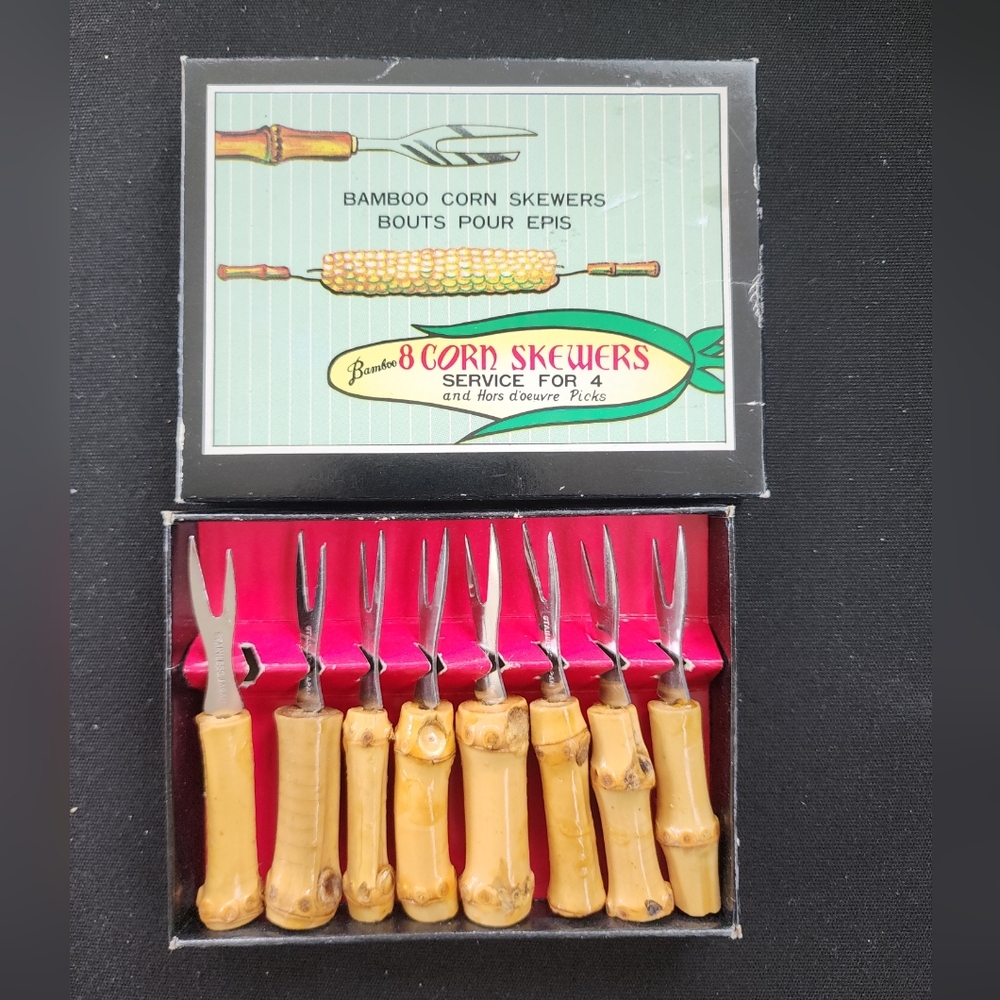 Vtg Bamboo Corn Cob Skewers x 8 Appetizer Picks Stainless Charcuterie Japan Box